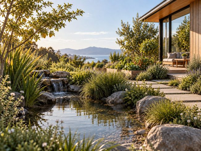 Productive garden and landscape illustrating thoughtful household water use