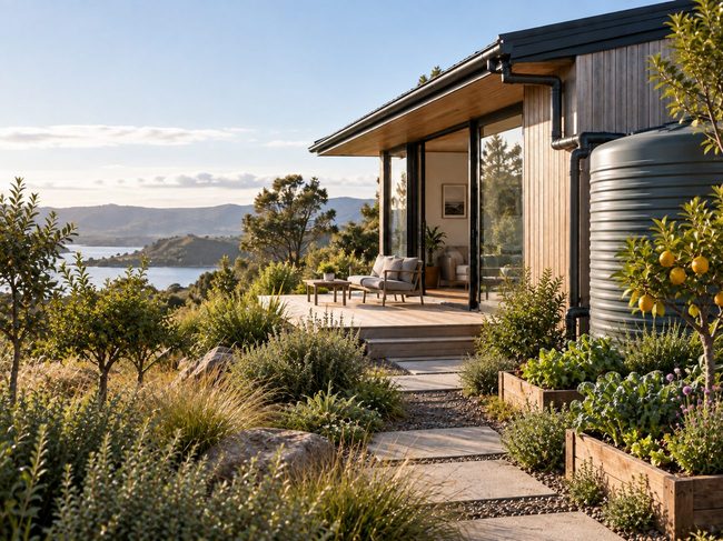 Water-resilient New Zealand home with tank water and productive planting