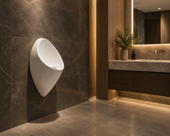 Uridan waterfree urinals in a refined commercial washroom