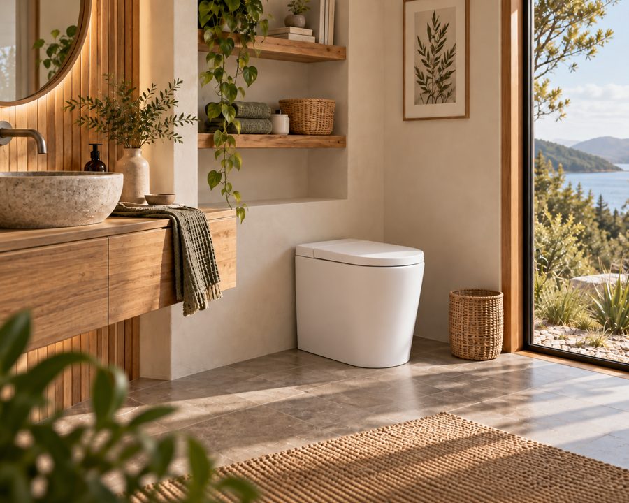 Modern waterless toilet bathroom representing the WCTNZ waterless sanitation approach